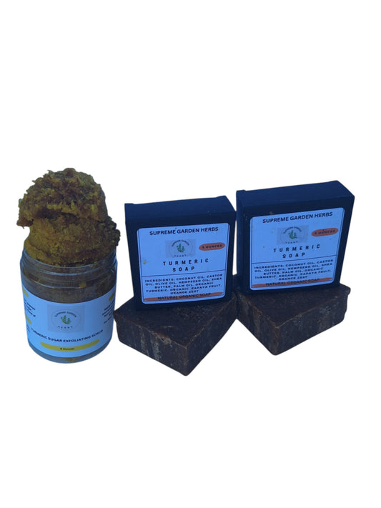 Turmeric Kojic Acid Skin Brightening Scrub and Soap Bundle (2 soaps and 1 scrub)