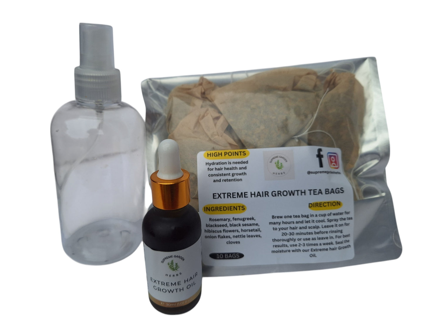 Extreme Hair Growth Tea and Oil (1 oz) Set with Free Spray Bottle. 1 Ounce (10 Tea bags)