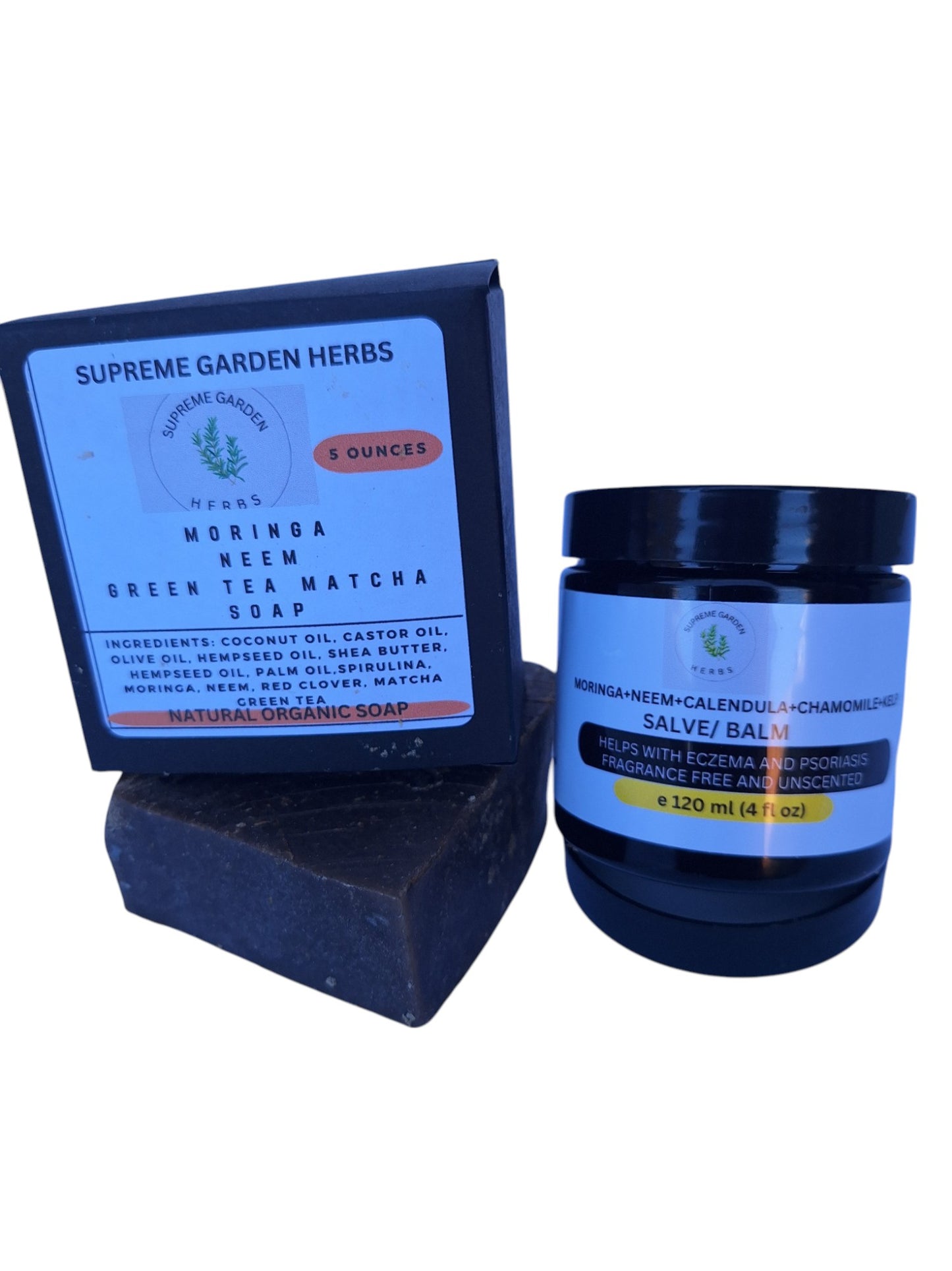 Neem Moringa Green Tea Match and Tea Tree Oil Soap and Salve. (1 bars, 1  jars of salve). For relief with Eczema and Psoriasis