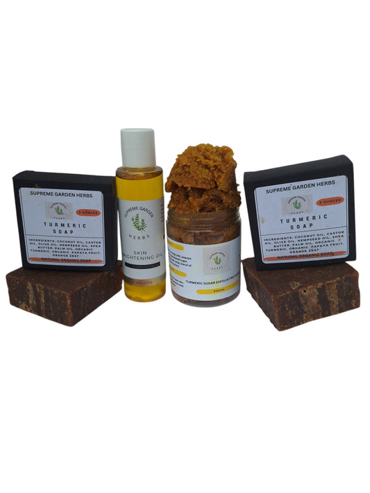 Turmeric Kojic Acid Skin Brightening Bundle (2 bars of soap, 1 jar of scrub, 1  (8oz) oil)