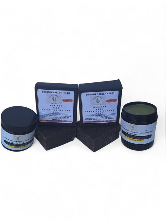 Neem Moringa Green Tea Match and Tea Tree Oil Soap and Salve. (2 bars, 2 jars of salve). For relief with Eczema and Psoriasis