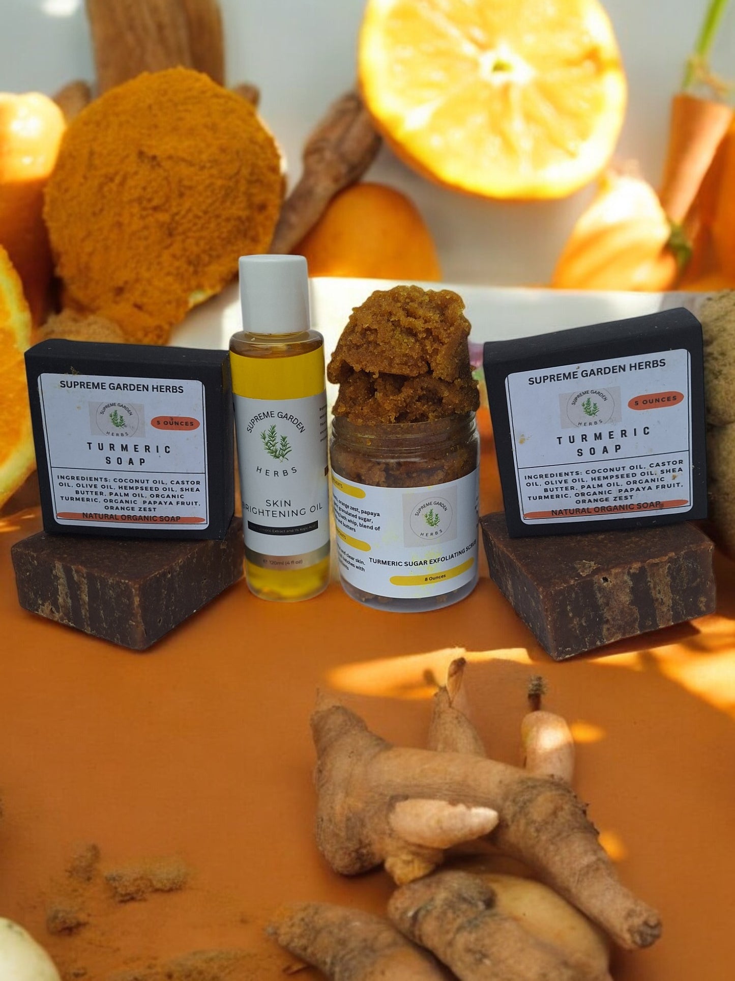 Turmeric Kojic Acid Skin Brightening Bundle (2 soaps, 1 scrub, 1 oil)